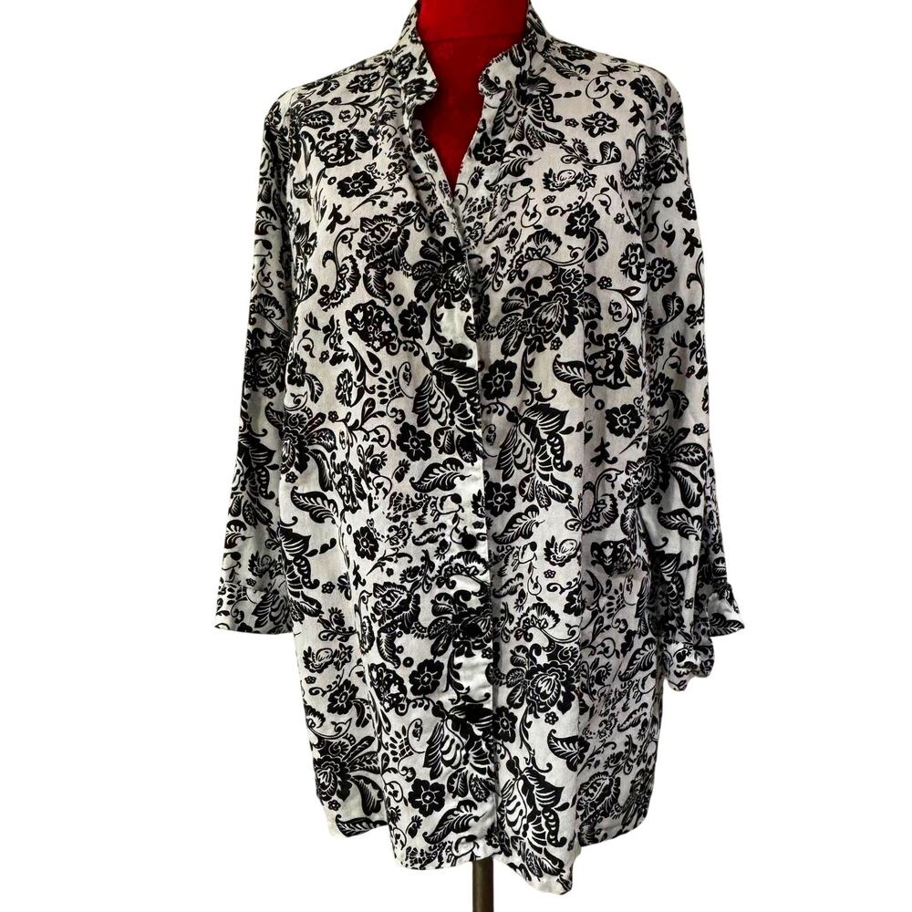 lily stanhope plus size 2X black white 3/4 cuffed sleeve linen tunic top blouse